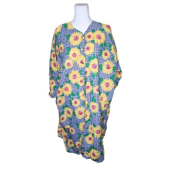 Vintage 90s Long Sleeve Kaftan Dress Gingham Sunflowers Womens Size 2XL Blue Yel - Picture 1 of 6